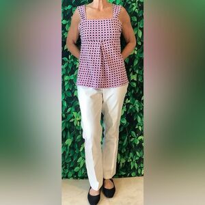 💗 Ann Taylor Pink, Black & White Dotted Tank – Wide Pleated Straps, Size Medium